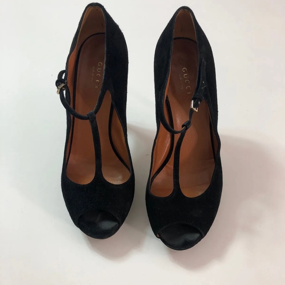 Gucci Black Suede Peep Toe Platforms Size 39